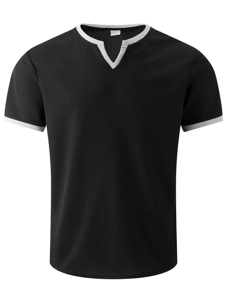 Mens Waffle Solid Color V Neck Short Sleeve Loose Casual T Shirt Mens Tops