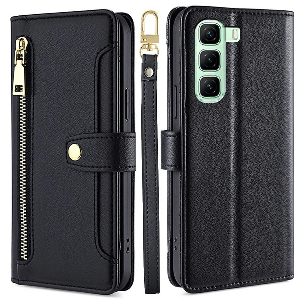 For Infinix Hot 50 4G Leather Case Zipper Pocket Wallet Phone Cover with 2 Straps