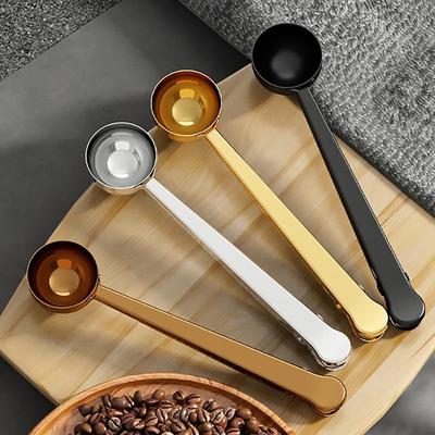 4 st 2-i-1 Kaffeskopa 304 Rostfritt Stål Kaffepulver Måttskopa med Förslutningsklämma Tesked Mjölkpulverskopa Kaffetillbehör