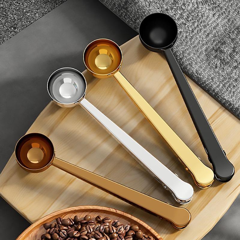 4Pcs 2-in-1 Coffee Scoop 304 Stainless Steel Coffee Powder Measuring Scoop with Sealing Clip Tea Milk Powder Scoop Coffee Accessories