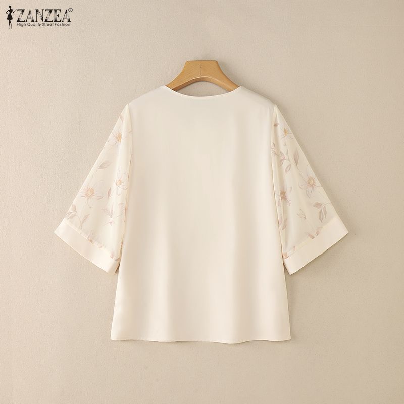 ZANZEA Women Casual Print Splice Short Sleeve Loose V-Neck Blouse