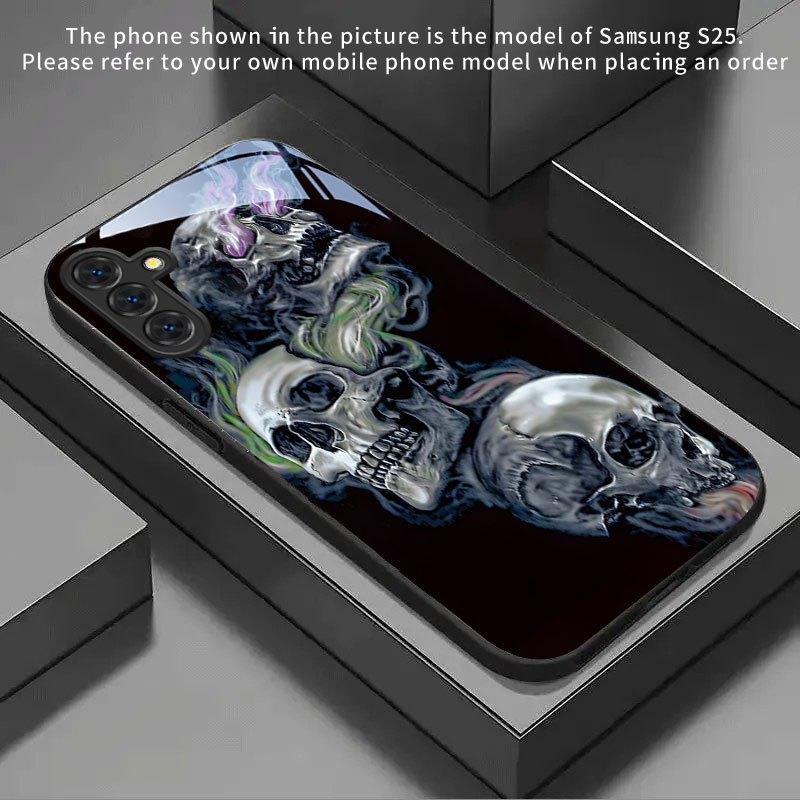 Colorful Smoke Skull Pattern Black Glass Phone Case for Samsung Galaxy S26 S25 S24 S23 S22 S20fe/plus/ultra Hard Case Back Cover