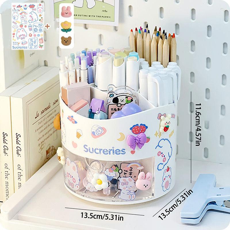 Cute Rotating Pen Holder Desktop Drawer Stationery Box Case School Office Desk Kawaii Stationery Storage Box Organizer Stickers