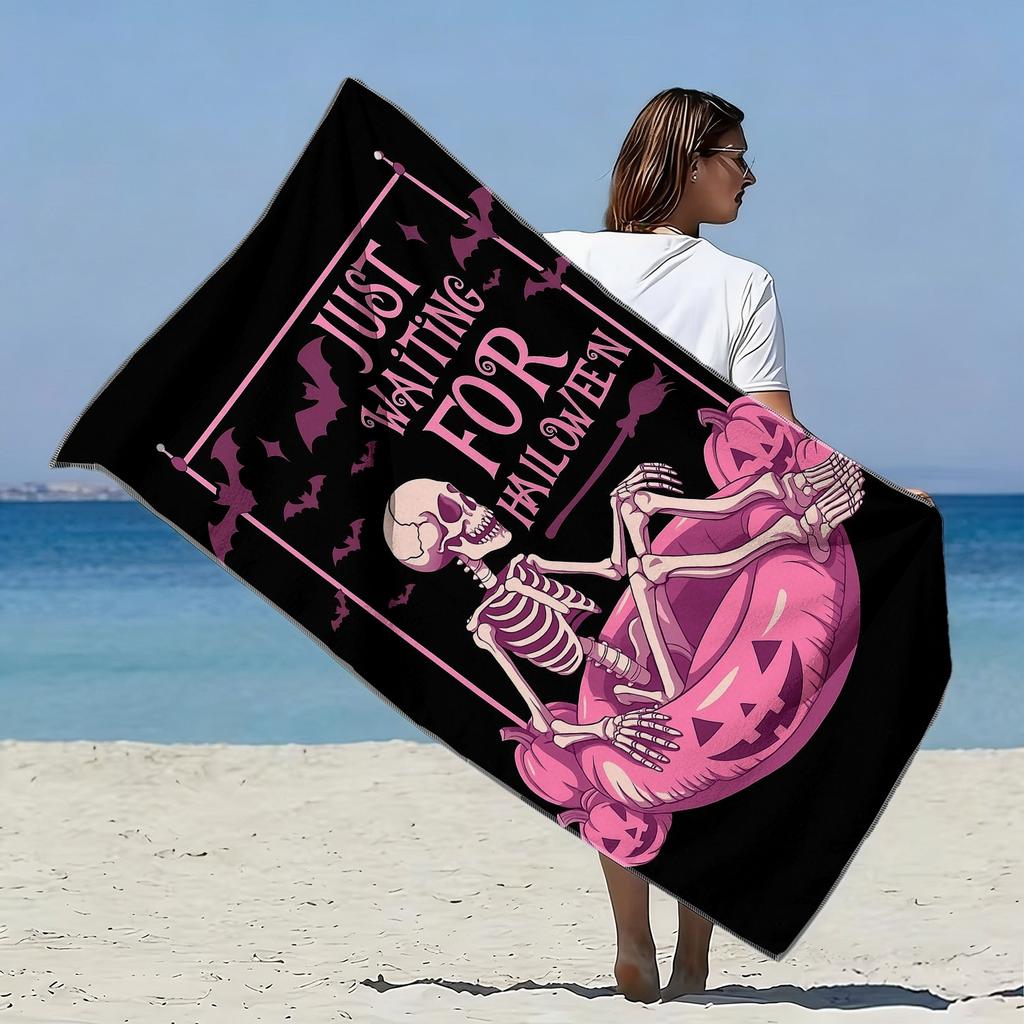 1 Stück, Rosa Skelett Halloween Strandtuch Kürbis Schaukel Druck Nur Auf Halloween Warten Text Schnelltrocknendes Badetuch Für Damen