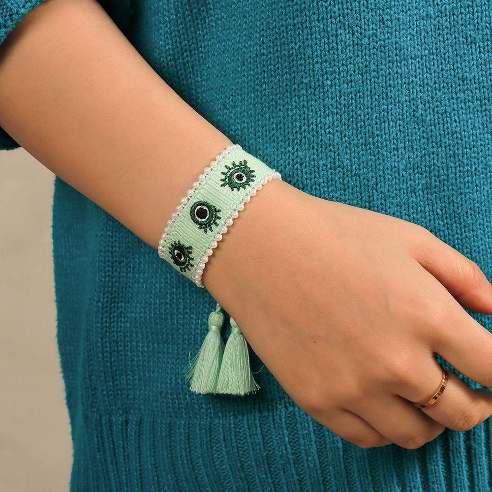 Pearl Evil Eyes Bracelets Adjustable Rope Blue Eyes Bracelet Woven Charm Bracelets  Women Girls
