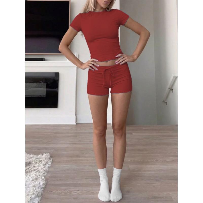 Women Solid Short Sleeve Round Neck T Shirt And Shorts Casual Two Piece Set