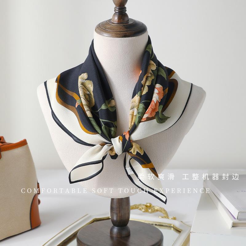 [Silk Double Crepe 61 Square Scarf] Literary Flowers Versatile Mulberry Silk Double Crepe Scarf Sunscreen Fashion Square Scarf Silk Scarf