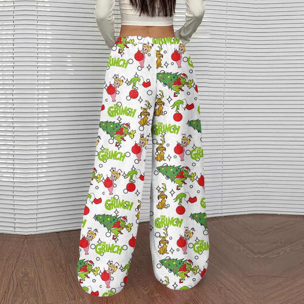 Women's Casual Christmas Print Elastic Waist Loose Fit With Plush Wide Leg Pants