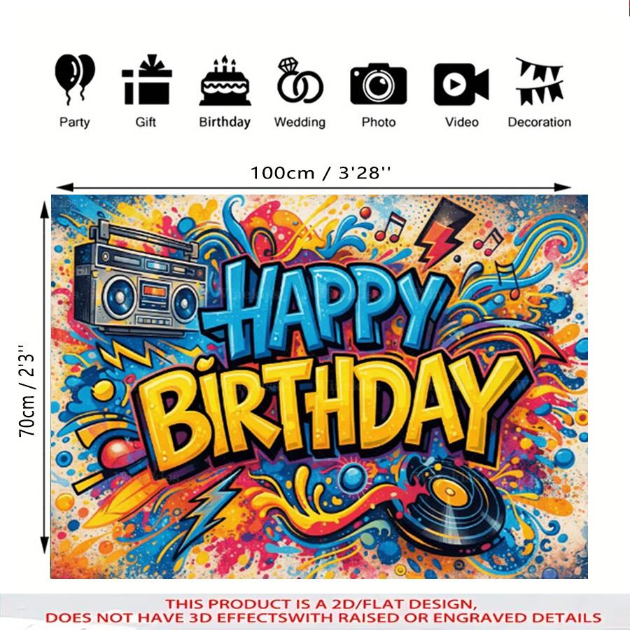 1pc 2D Flat Graffiti Happy Birthday Banner Vintage Music Theme Decor Indoor Outdoor Backdrop Garden Patio Birthday Celebration Party Decor