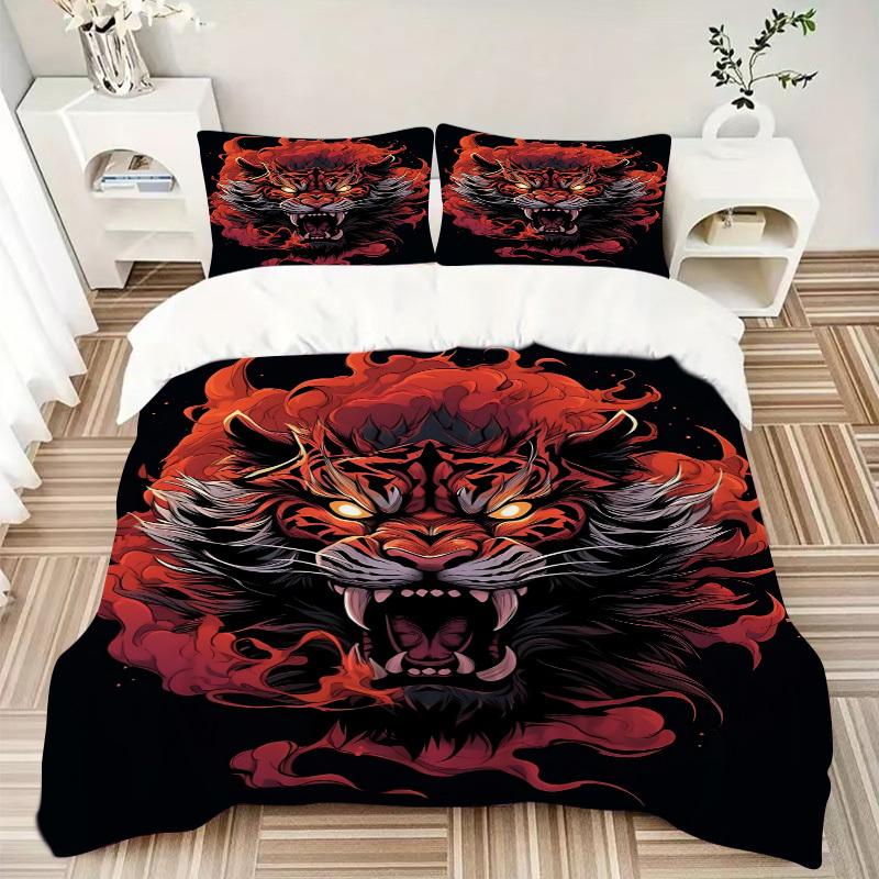 3-teiliges Tigerflammen-Bettwäscheset, Weiche, bequeme Bettbezüge, Gästezimmer (1 * Bettbezug + 2 * Kissenbezug, ohne Kern) yy251104115