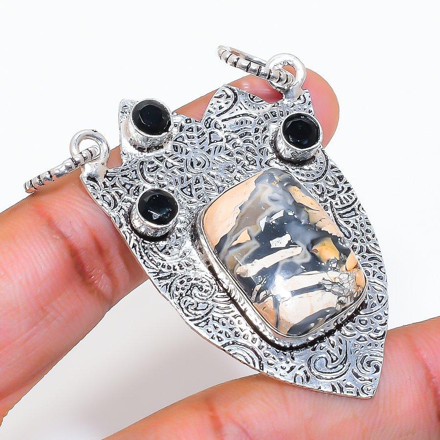 Natural Maligano Jasper, Spinel 925 Sterling Silver Jewelry Pendant 2.17" ZS-367