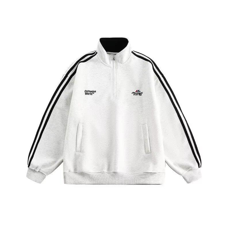 Unisex Fleece-Lined Stand Collar Half-Zip Hoodie: Thick, Embroidered, Trendy, Loose-Fit, Autumn/Winter, Heavy-Weight Jacket.