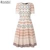 ZANZEA Women Casual Round Neck Short Sleeve Vintage Print Dress