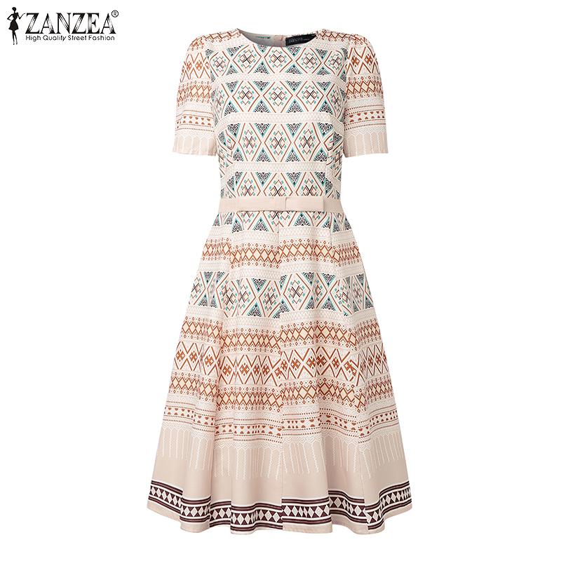 ZANZEA Women Casual Round Neck Short Sleeve Vintage Print Dress