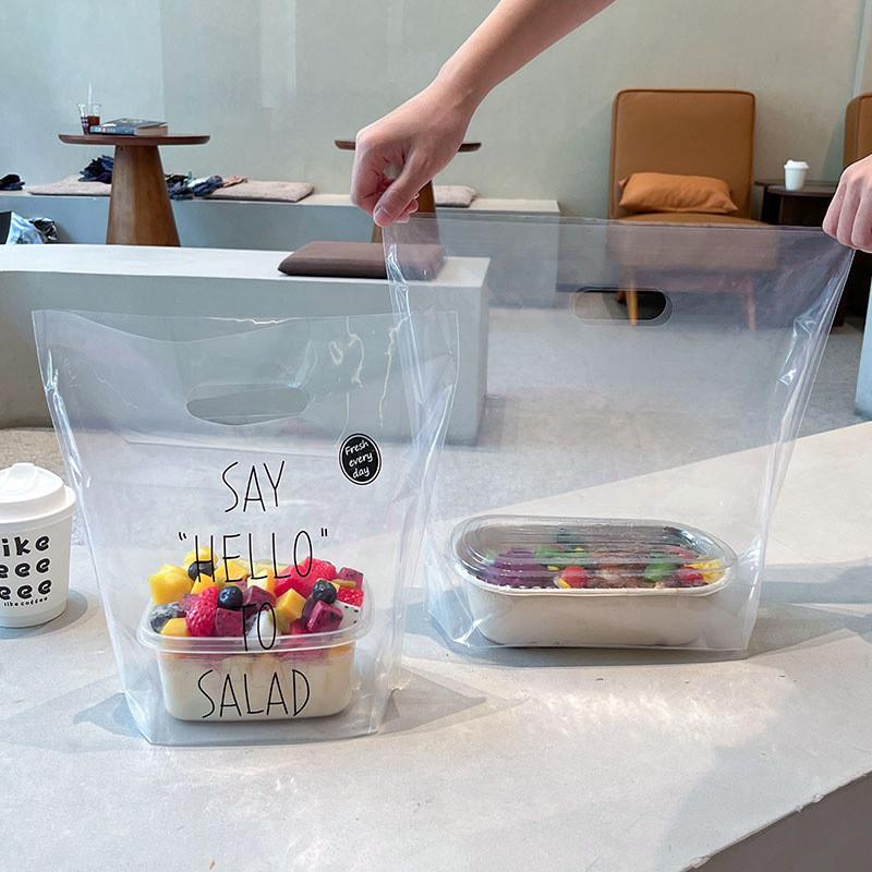 50pcs Transparent Clear Thicken Plastic Portable Stand Salad Dessert Bread Cake Food Packaging Takeaway Hand Bags