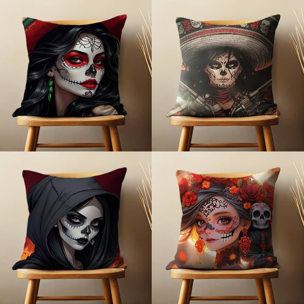 Mexican Skull Girl Catrinas Pillow Case For Room Sofa Cushion Cover Suitable For Home Bedroom Decoration And Protector