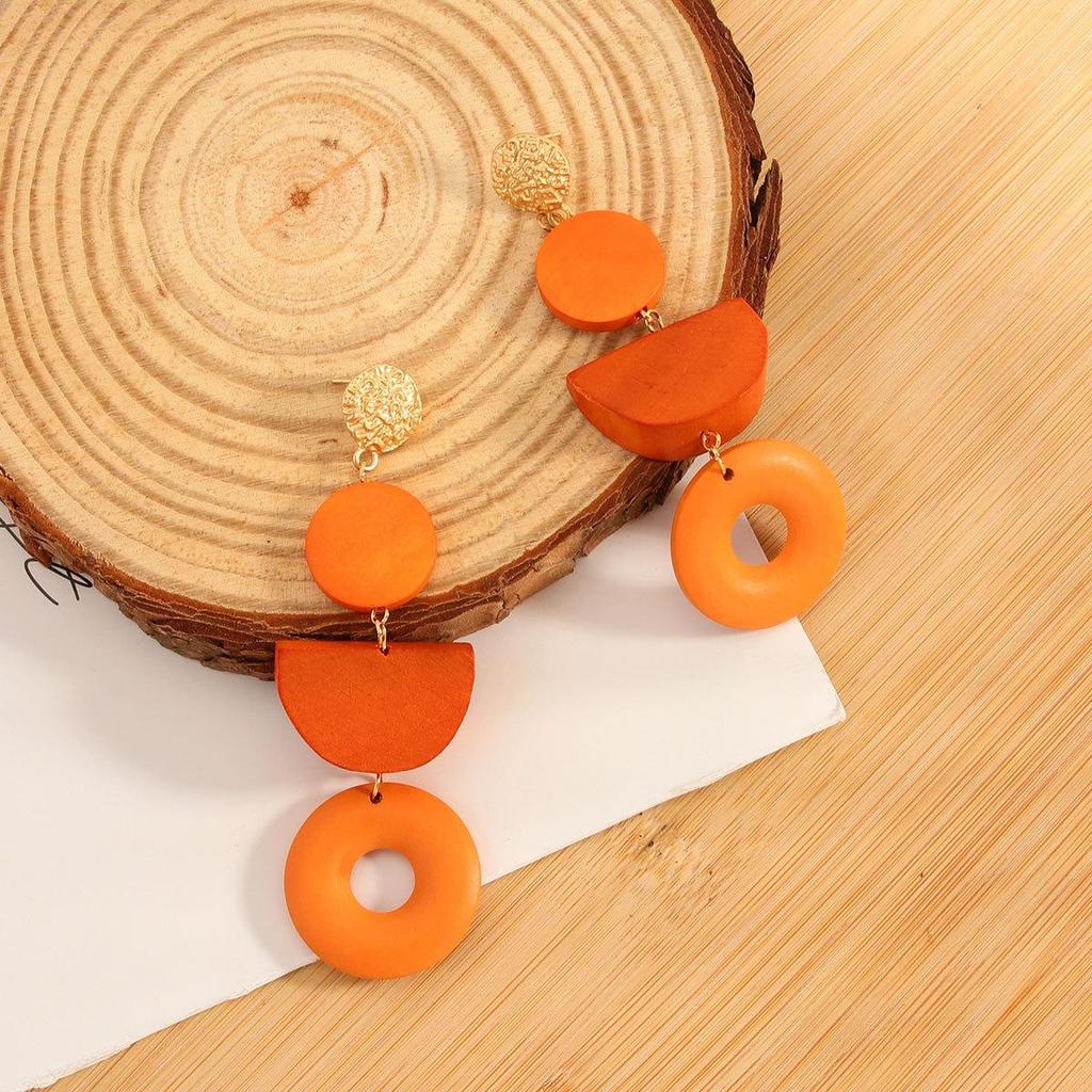 Geometric wooden earrings retro round color blocked earrings hollowed out wooden earrings wood art color blocked design