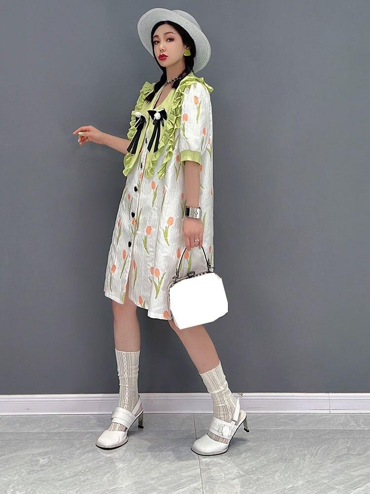 Xitao Módní šaty s potiskem mašle, ležérní volánové šaty WMD6451