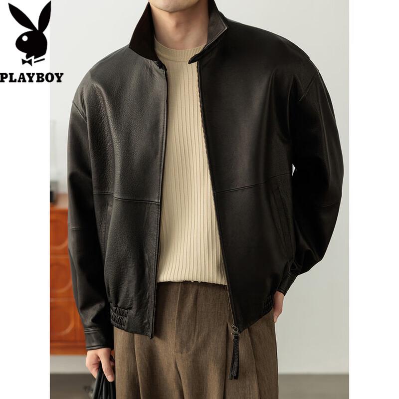 Playboy Men's Genuine Sheepskin Leather Moto Jacket
