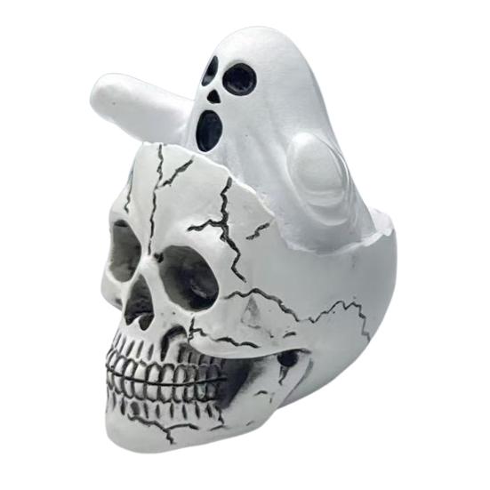 Mini Skull Head with Ghost Figurine Spooky Skeleton Head Ghost Halloween Decor for Gothic Porch Indoor Office Desk Tabletop Mantel Decoration