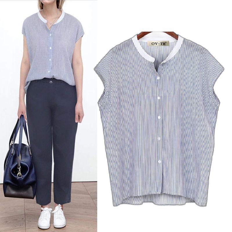 European and American plus Size Women's Clothes Summer Stand Collar Stripes Single-Breasted Loose Chubby Girl Sleeveless Shirt Shirt Tops Tide