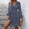 Women S V Neck Lantern Sleeve Solid Color High Waist Dress