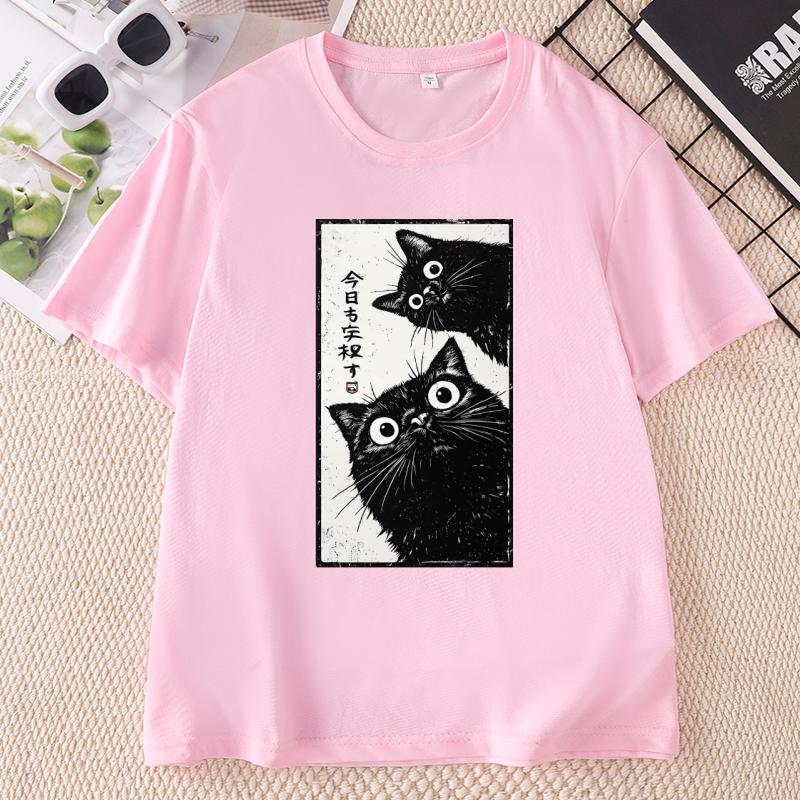 Japanese Cat TShirt Unisex Unisex Tokyo Aesthetic T Shirt Black Cat Tee Casual Cotton Short Sleeve Printed Tshirts Unisex Clothes
