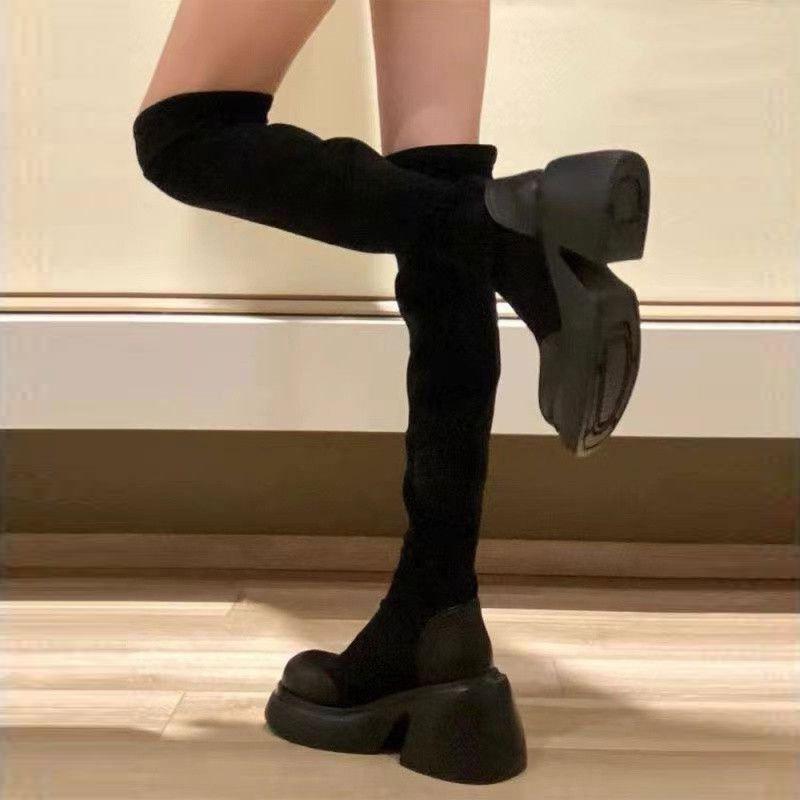 Black suede stretch boots women's winter 2025 new thick-soled thick heel knee boots thin boots socks boots long boots