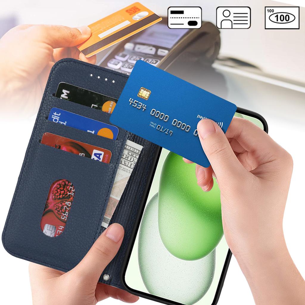 Stand Case for iPhone 15 Plus/14 Plus Litchi Texture Leather Flip Phone Cover with Strap/Wallet