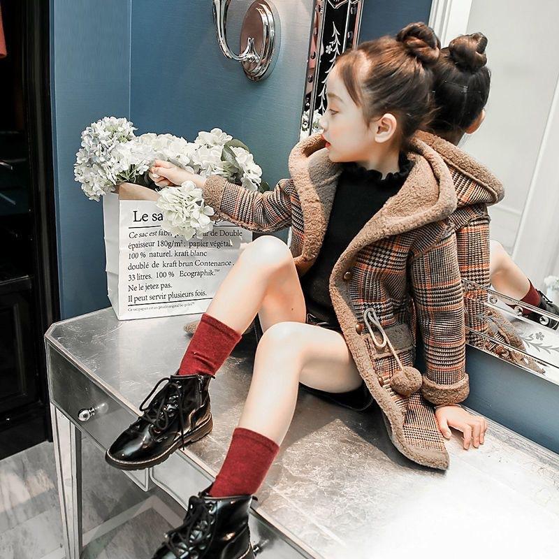 Autumn Winter Parka Girl Hairy Clothes Long Woolen Coat for Kids Outerwear Grid Pattern Padded Warm Clothing