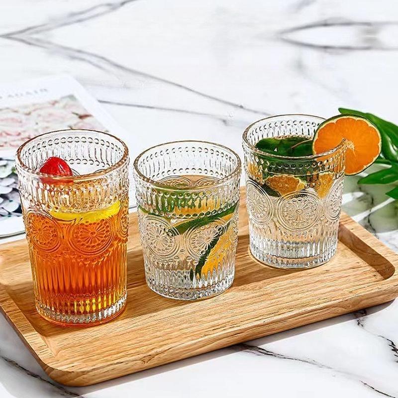 300ml/350ml European Style Drinking Cup Sunflower Relief Wine Glass Transparent Water Cup Whiskey Glass Bar Juice Beverage Cups