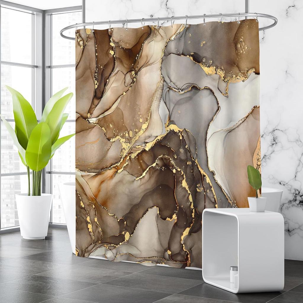 Brown Marble Shower Curtain, Modern Abstract Fabric Shower Curtain for Bathroom, Luxury Art Decor Brown Gold Ink Texture Waterco