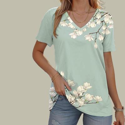 Top stampato ispirato alla primavera con scollo a V a maniche corte da donna, t-shirt ampia, camicia casual