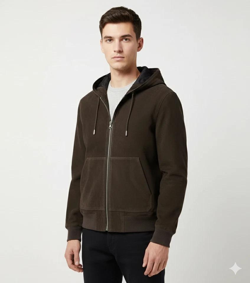 

Men s Brown Suede Bomber Hooded Stylish Lambskin Leather Jacket Genuine Handmade 3XL коричневий