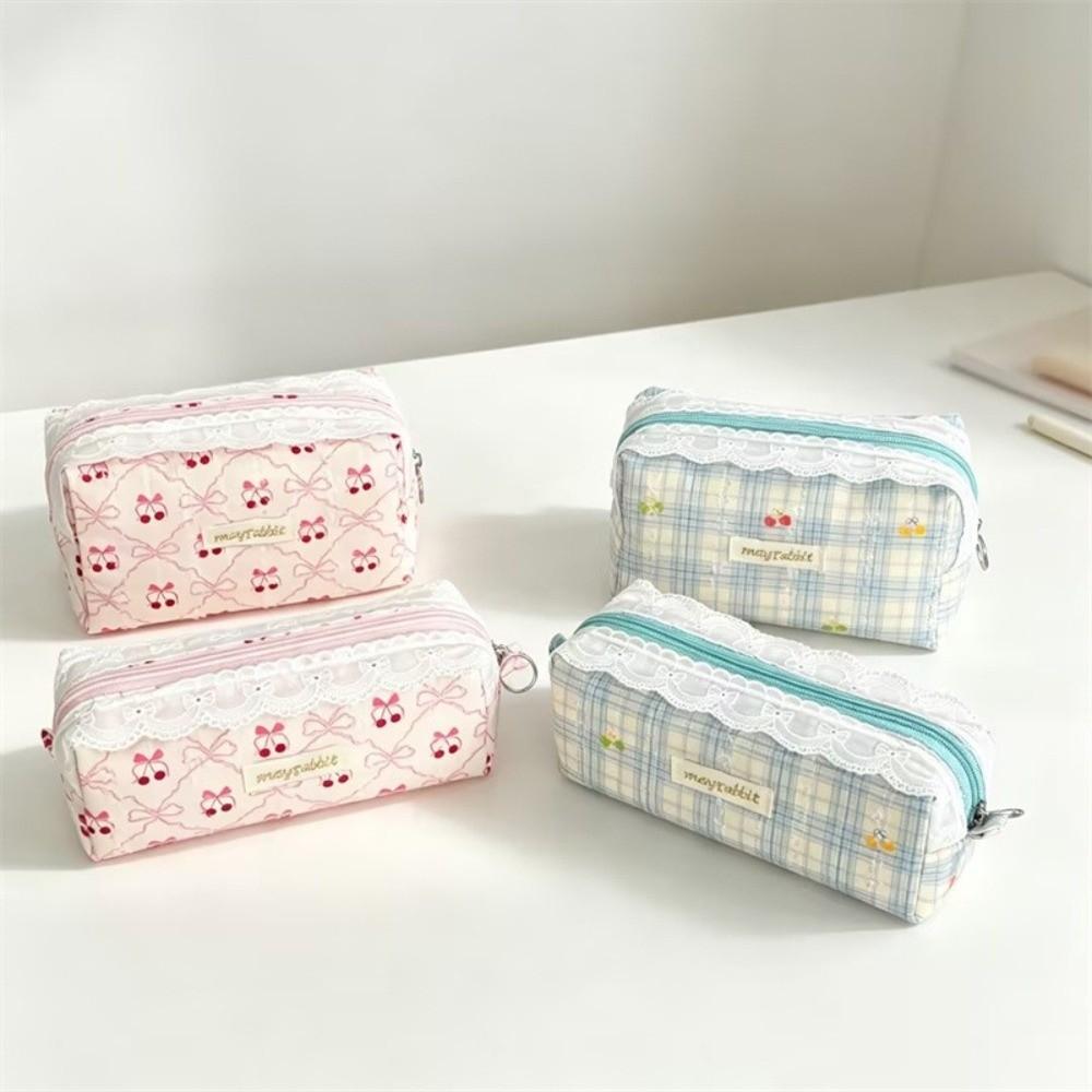 Cherry Bow Pen Pouch Large Capacity Cosmetic Pouch Cute Clutch Bags School Stationery