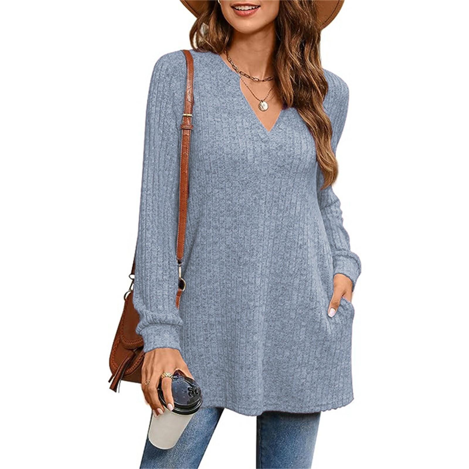 

Женский повседневный однотонный топ с V-образным вырезом, свободного кроя, с длинными рукавами XXL синий