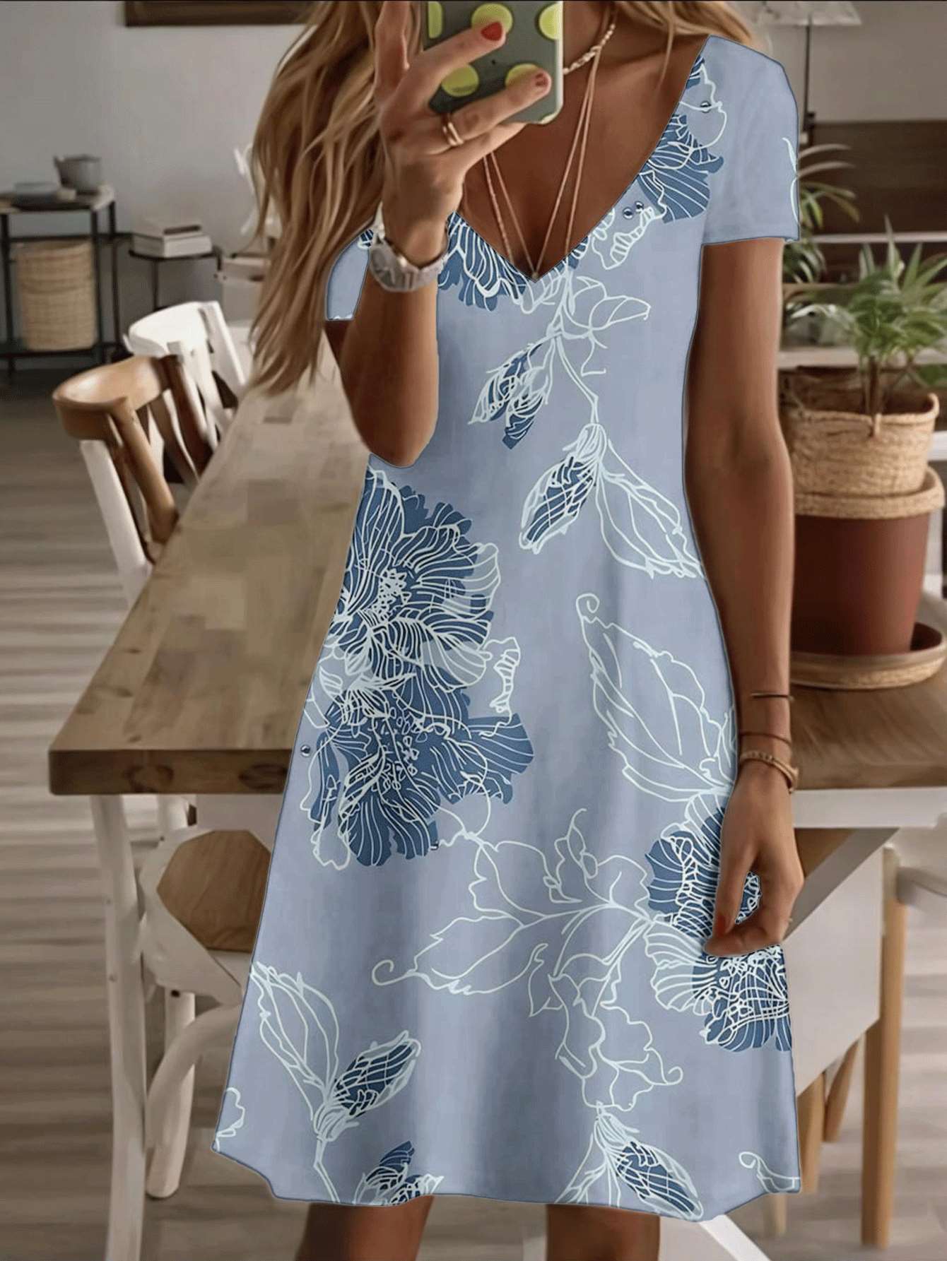 

Vneck shortsleeve midi dress blue floral print pattern 3D premium printing durable casual fashion elegant summer women dress stylish lightweight soft XS дубильная кора