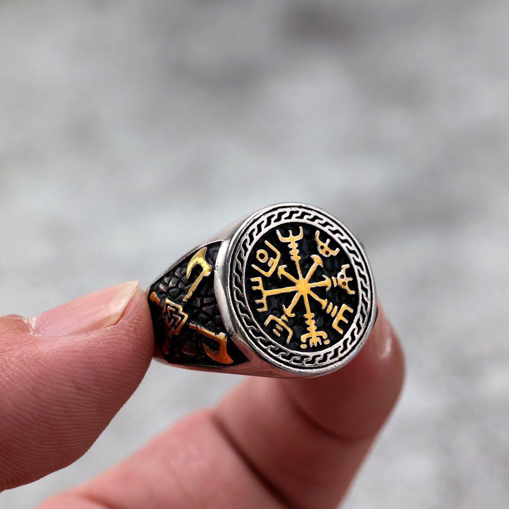 Antique Solid Stainless Steel Viking Compass Mens Ring