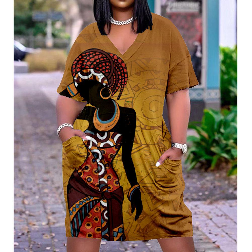 2026 digital printing cross-border temperament commuter skirt pullover V-neck dress