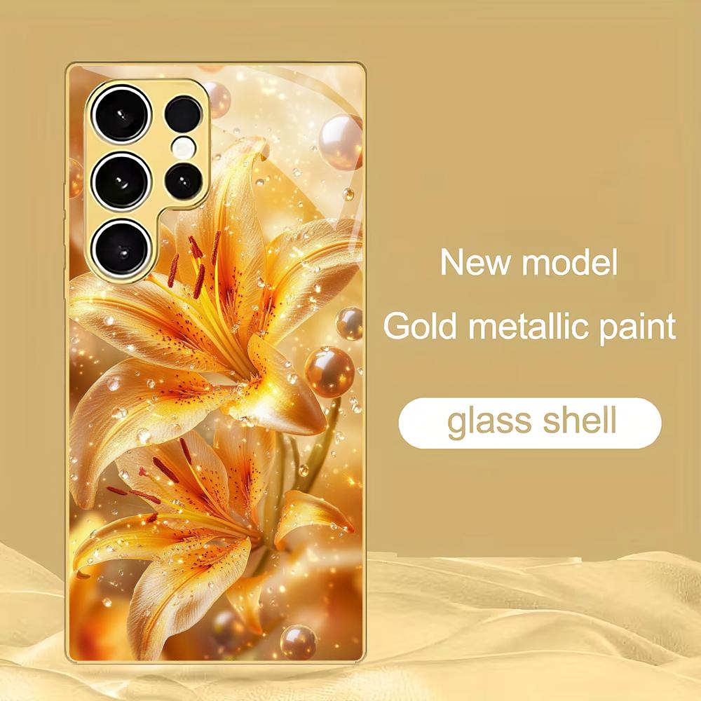

Yellow Lily Gold Plated Tempered Glass Phone Case Suitable for Samsung Galaxy S26 S25 S24 S22 S21 S20 FE/Ultra/Plus Anti Drop GalaxyS24FE