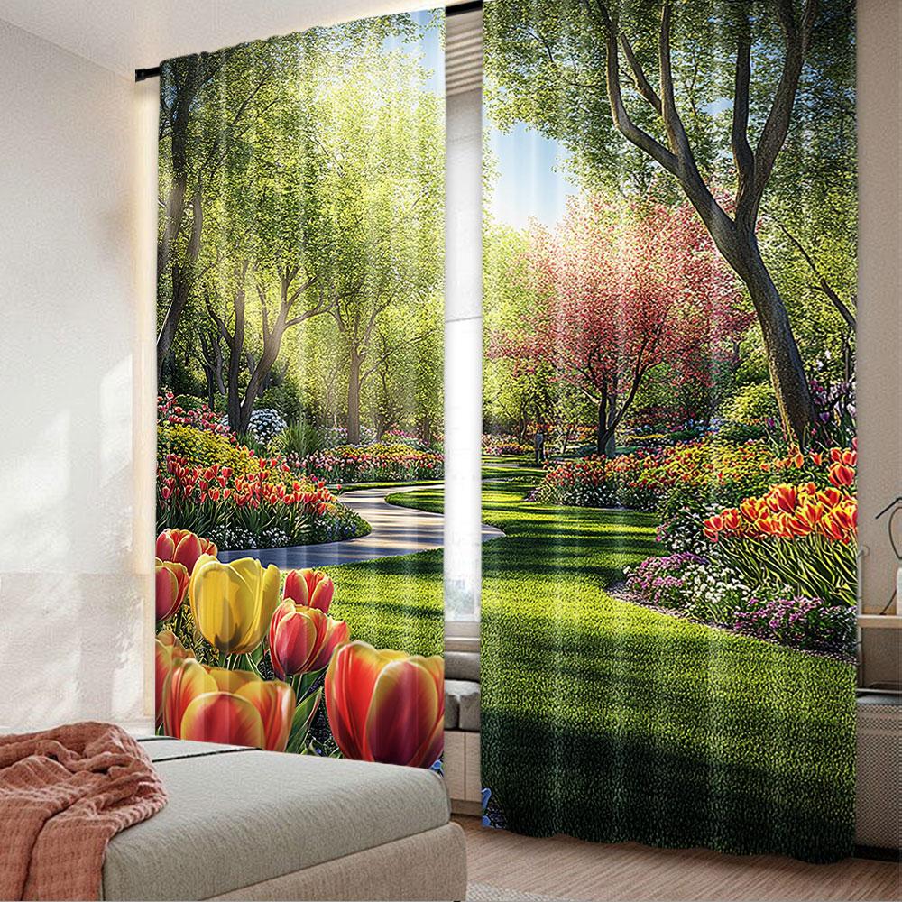 

Garden Curtain Keukenhof Colorful Tulip Flowers Trees Foliage Spring Season Bedroom Living Room Set Of 2 Made Polyester Washable Sitting Ready W100*H70(CM)-Hooks&1PCS