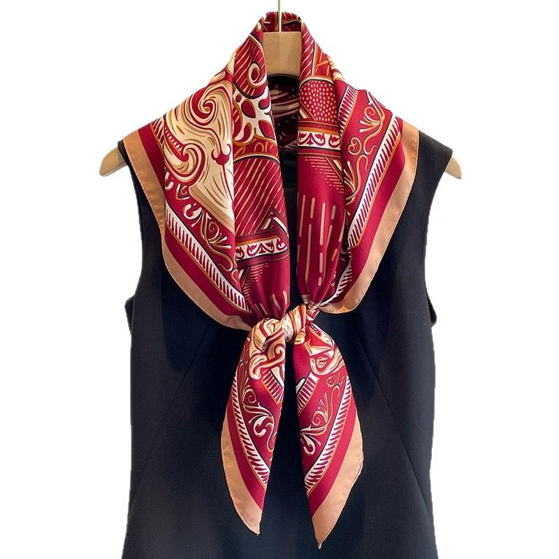 Temperament navy blue beige twill smooth silk scarf square scarf 91cm versatile square scarf shawl spring and autumn new scarf