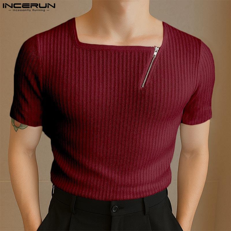 INCERUN Summer Men Square Collar Short Sleeve Zip-up Casual Rib Skinny T-shirts