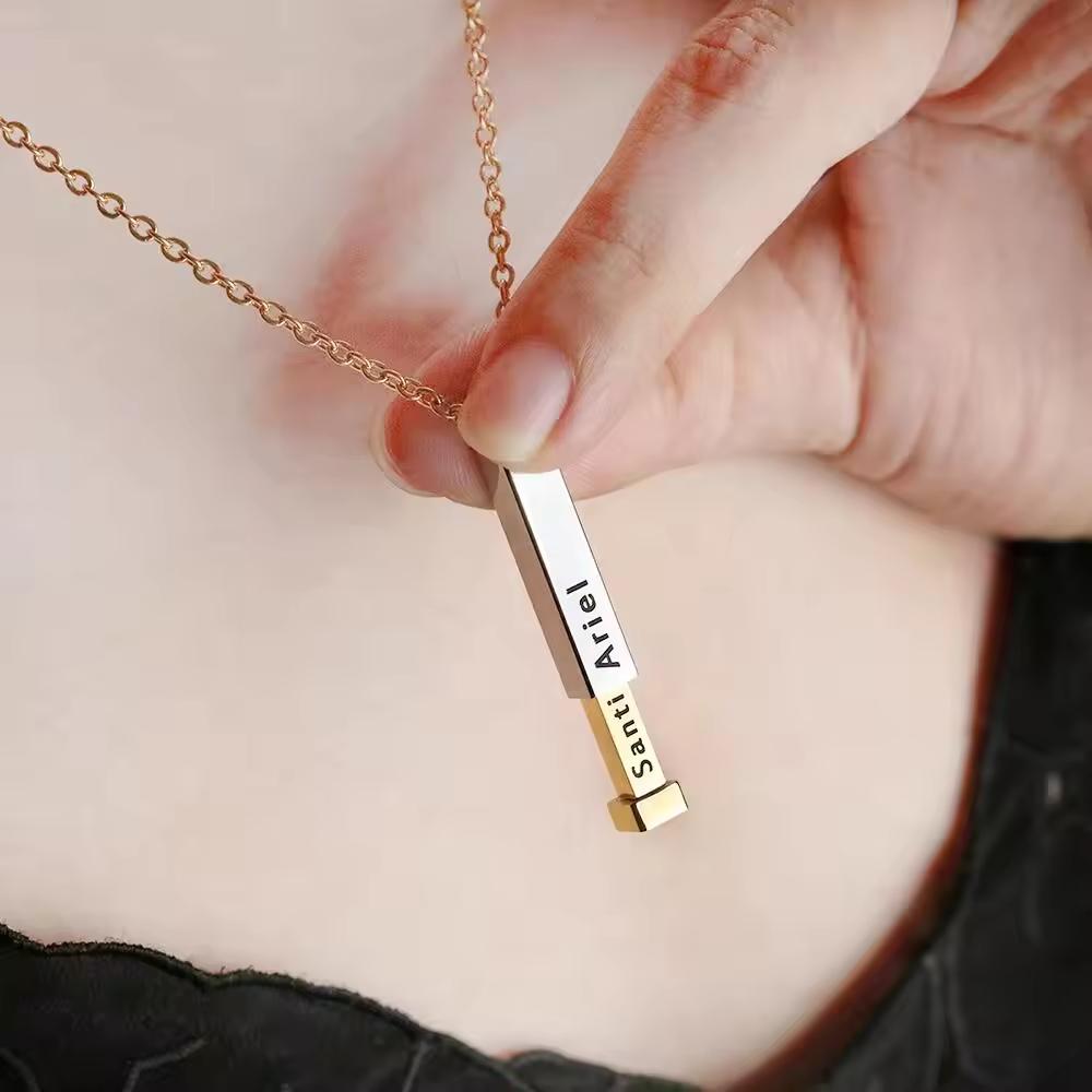 NEWNORTH Custom Name Necklace Stainless Steel Jewelry Laser Engraved Custom Name Retractable Hidden Pendant Bar Necklace for Men