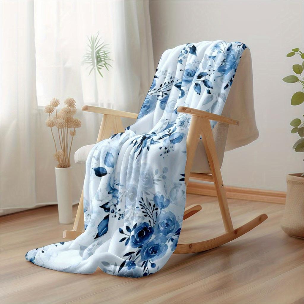 1pc Extra Large Flannel Blanket - Heavyweight All-Season Soft Warm Throw - Blue Floral Bedspread, Sofa Cover, Car & Outdo