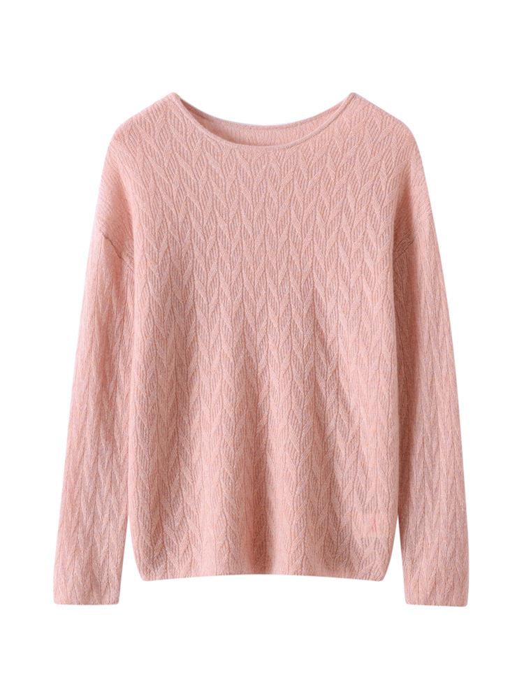 Women's 100% Pure Cashmere Floral Pattern Round Neck Loose Knit Pullover Sweater