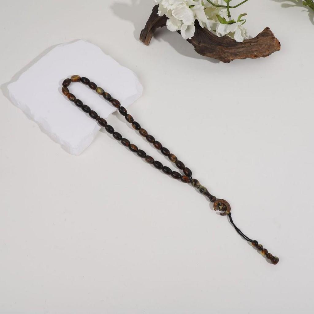 Hand-Knotted Crystal Tasbih: 33 Imitation Amber Beads Bracelet with Star and Moon Charm