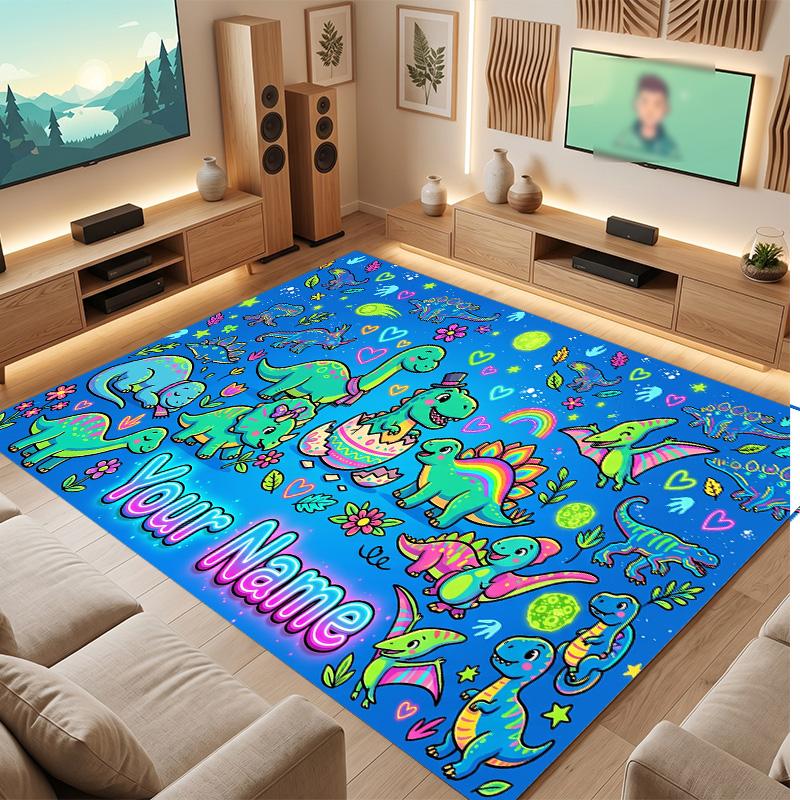 Dinosaur Theme Soft Crystal Velvet Rug Custom Name & Text Print Non Slip Floor Rug for Bedroom Living Room