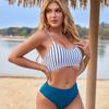 Set de bikini triunghi split pentru femei, cu cravată laterală, cu șnur, pantaloni de baie cu dungi pentru plajă, cu bretele, pantaloni de culoare solidă