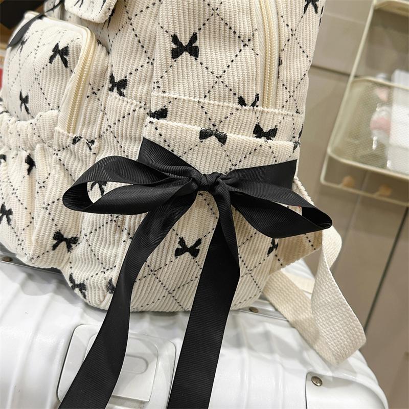 Corduroy Backpack Large Capacity Bow Print Backpack Student Schoolbag